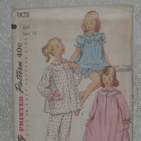 Simplicity 1828 Pattern Girls' Pajamas in 2 Lengths & Nightgown Size 12 Vintage Uncut 1950's