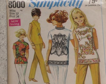 Simplicity 8000 Pattern Misses' Overblouse & High Waist Tapered Pants Size 12  Vintage 1960's