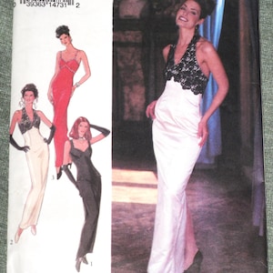 May include: A vintage sewing pattern titled "STYLE" with the number 2355. The pattern features illustrations of elegant evening gowns in red, black, and white. The size is A (6-16).