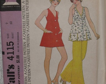 Mini-robe ou tunique pour juniors, modèle 4115, modèle McCalls, haut et pantalon large, taille 9, petite, non coupé, vintage des années 1970