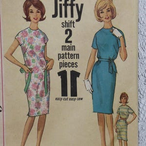 May include: Vintage sewing pattern titled "Jiffy shift" featuring illustrations of women in shift dresses. The pattern includes two main pieces and is described as easy-cut and easy-sew. The dresses are in floral and solid colors.