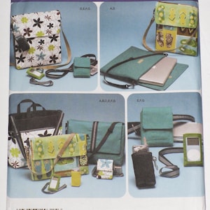 May include: A Simplicity 4391 sewing pattern envelope featuring illustrations of various bags, including messenger bags, pouches, and cases with floral and flip-flop patterns. The design includes adjustable straps, flap closures, and pockets for small electronics.