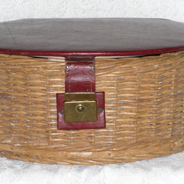 Sewing Basket Wicker Rattan Box Hinged Lid Leather Top Vintage