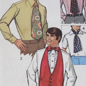 May include: A vintage sewing pattern featuring three different men's shirt styles. The first shirt is a light green long-sleeved shirt with a paisley patterned tie. The second shirt is a white long-sleeved shirt with a ruffled collar and a red vest. The third shirt is a light pink long-sleeved shirt with a black and white geometric patterned tie.