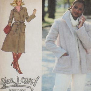 May include: An illustration and a photograph of women's coats. The illustration shows a brown coat with a belt, red boots, and a red purse. The photograph shows a woman wearing a light gray coat with large pockets. The text "Yes I can!" is also visible.