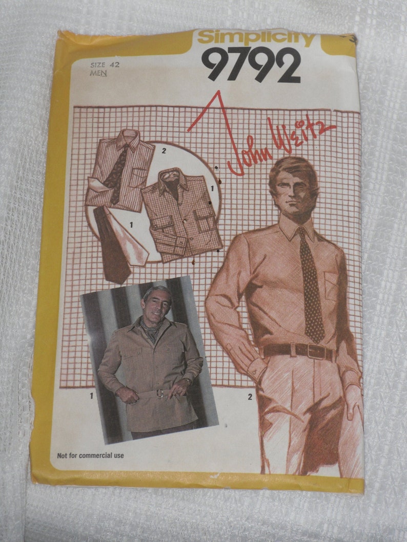 Simplicity 9792 Pattern Men's Shirt, Shirt-Jacket, Ascot & Necktie Size 42 Vintage John Weitz image 1