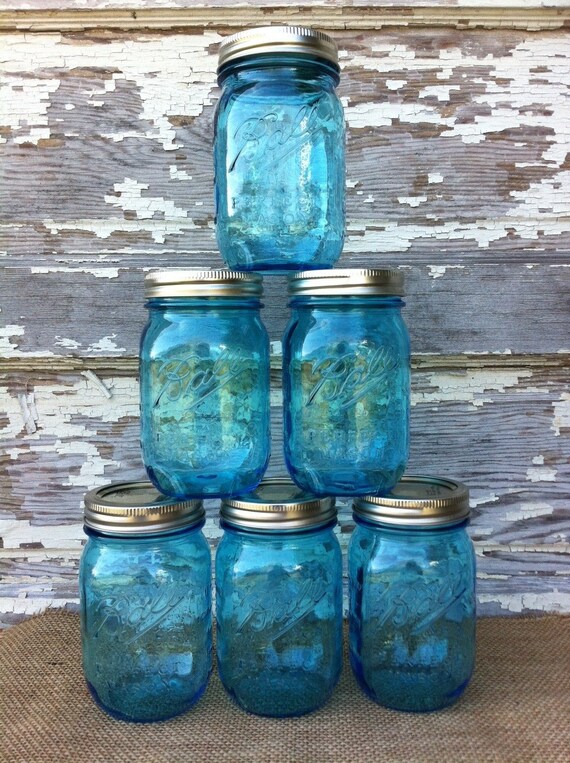 Items similar to Case of Blue Vintage Mason Jars Wedding Accessories on