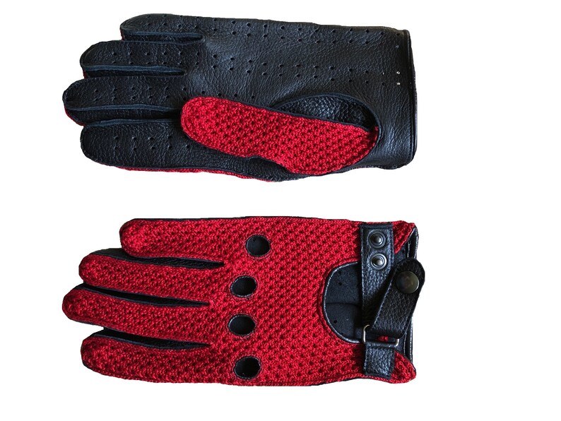 Blue Men/'s Deerskin Leather Gloves Crochet Top Leather Palm