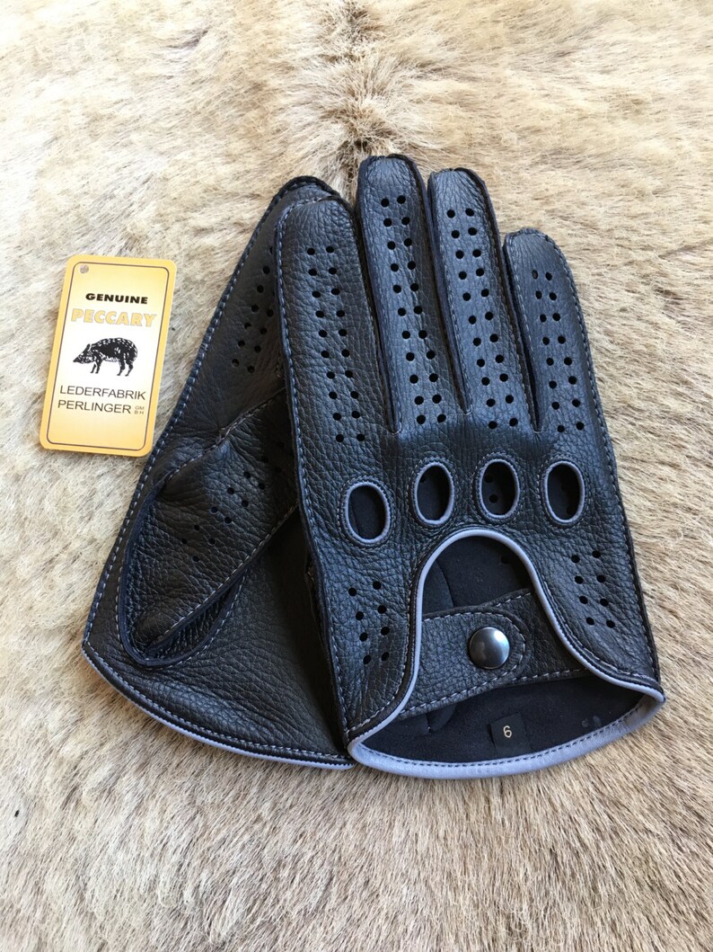 Men/'s Peccary Leather Driving Gloves Hand Sewn Yellow With Black Stitching