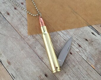 Bullet Knife Pendant Necklace Brass .30-06 Rifle Round Casing Necklace Knife Charm Steampunk Necklace Jewelry Miniature Folding Knife 052