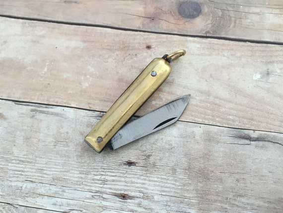 Small Raw Brass Pocket Knife Charm Antique Rustic Metal Folding