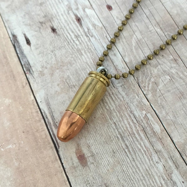 Recycled Brass Bullet Pendant Necklace Recycled Bullet Shell Casing Hanging Necklace Bronze or Silver Chain Bullet Pendant Jewelry  (098)