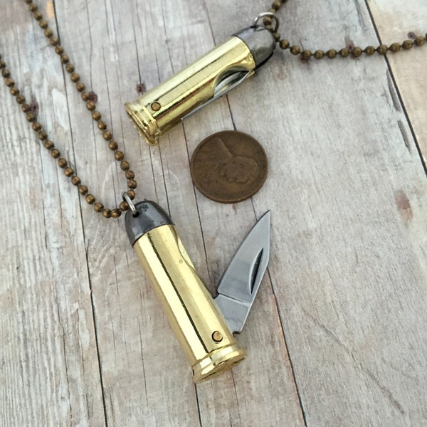 Bullet Knife Pendant Necklace Brass Bullet Casing Necklace Bronze Bullet Charm Knife Necklace Bullet Jewelry Miniature Folding Knife 050