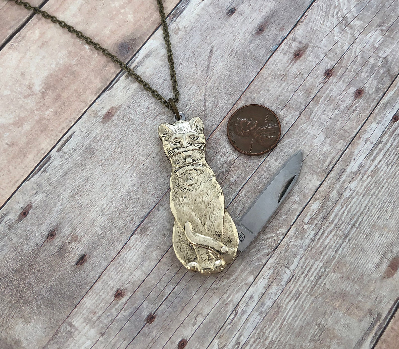 Brass Cat Folding Knife Pendant Necklace Cat Knife Charm Etsy