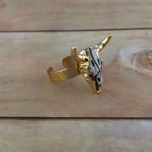 Adjustable Longhorn Skull Ring 24K Gold Dipped Cattle Bull Skull Head Pendant Tombstone Jewelry Vintage Gold Horn Western Style Ring 140