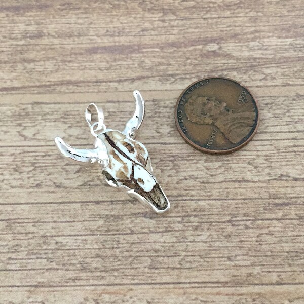 Mini Silver Longhorn Skull Pendant Silver Plated Cattle Bull Skull Pendant Tombstone Charm Vintage Western Pendant With Loop Attachment 129