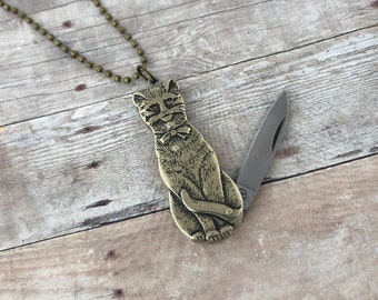 Brass Cat Folding Knife Pendant Necklace Cat Blade Charm Necklace Kitten With Bronze Or Silver Chain Included Adult Jewelry Necklace 198