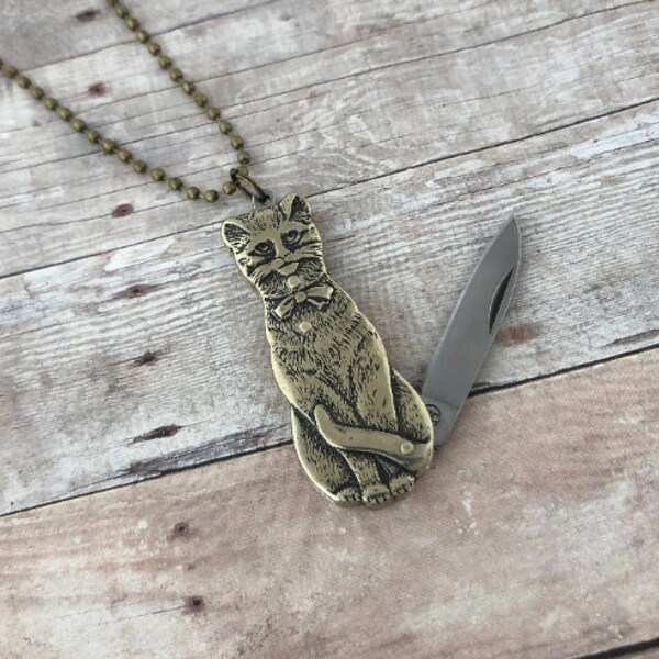 Brass Cat Folding Knife Pendant Necklace Cat Blade Charm Necklace Kitten With Bronze Or Silver Chain Included Adult Jewelry Necklace 198