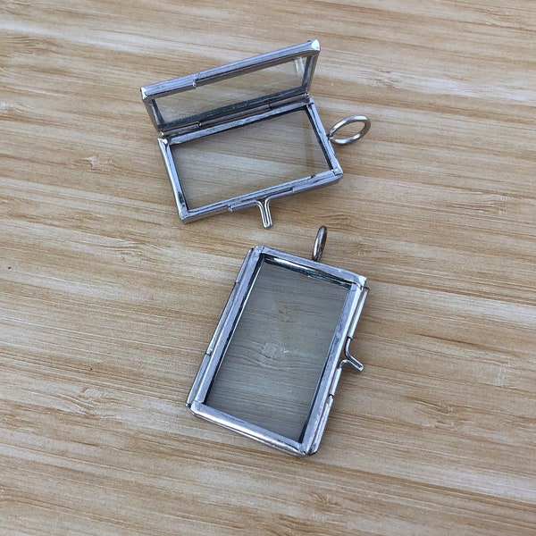 Small Double Sided Square Glass Photo Frame Locket Hinged Floating Picture Pendant Charm Vintage Antique Silver Jewelry Supplies DIY 102