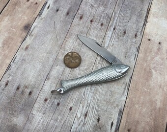 Silver Fish Pocket Knife Charm 3'' Antique Silver Minnow Fish Knife Pendant Vintage Style Miniature Knife With Lanyard Loop Attachment (214)