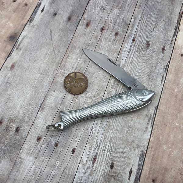 Silver Fish Pocket Knife Charm 3'' Antique Silver Minnow Fish Knife Pendant Vintage Style Miniature Knife With Lanyard Loop Attachment (214)