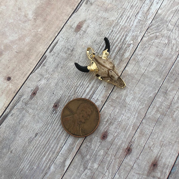 Miniature 24K Gold Longhorn Skull Pendant Gold Dipped Cattle Bull Skull Necklace Pendant Tombstone Charm Vintage Western Style Jewelry 249