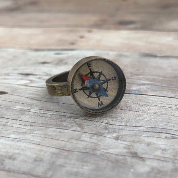 Bronze Compass Ring Glass Cover Vintage Style Working Real Compass Ring Antique Brass Nature Watch Compass Camping Wraparound Brass Ring 252