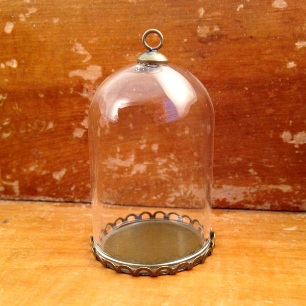 1 ~ Clear Large Dome Cloche Glass Bottle Lace Pendant  DIY Antique Bronze Base and Top Terrarium Charm Apothecary Bottle Jewelry Supplies