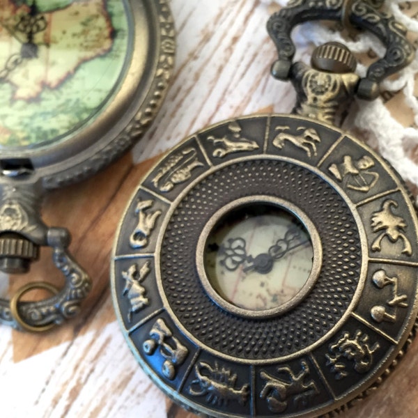 1 Pc Large Vintage Style Constellation Map Pocket Watch Necklace Bronze Zodiac Constellation Sign Pocketwatch Chain & Battery Included (193)