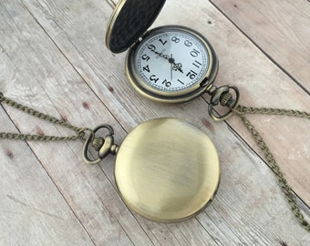 1 Pc Large Vintage Style Plain Bronze Pocket Watch Necklace Antique Bronze Smooth Vintage Door Pocketwatch CHAIN & BATTERY INCLUDED (164)