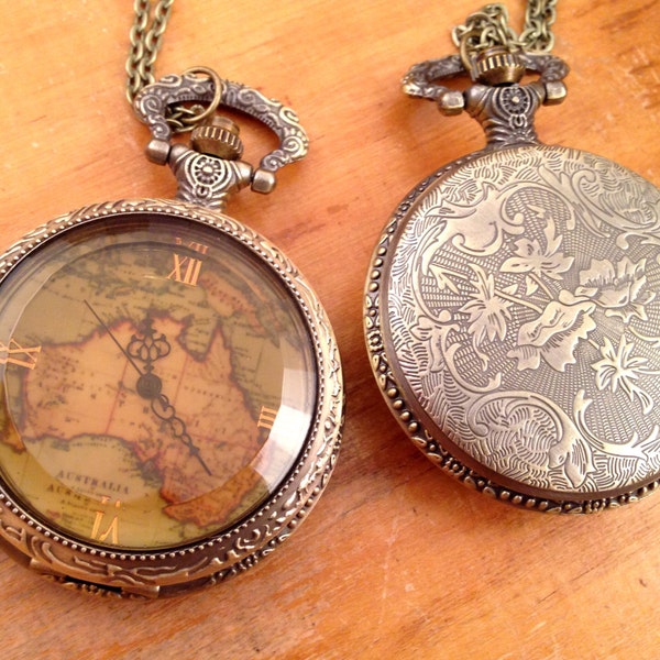 Large Vintage Style Map Pocket Watch Necklace Glass Coffee Jewel Door Glass Dark Stained Pocketwatch CHAIN & BATTERY INCLUDED (153)