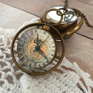 Rotating Orb Watch Time Turner Spinning Round Brass Pocket Watch Necklace Glass Bubble Steampunk Pendant Antique Bronze Chain Included 145