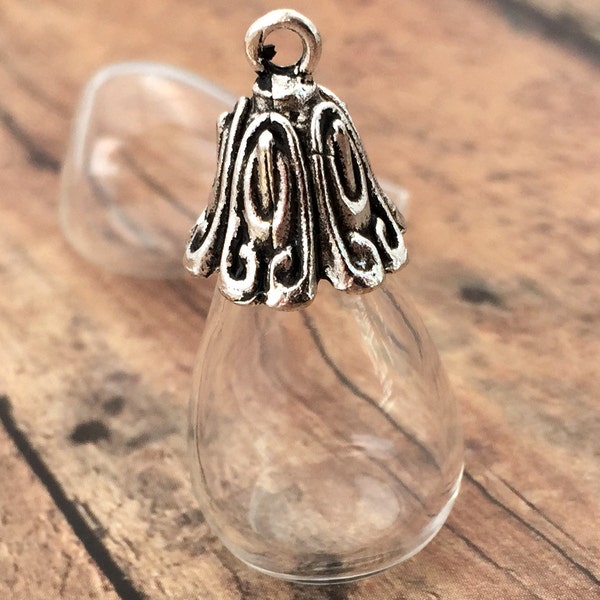 1 ~ Small Glass Globe Tear Drop Bubble Pendant DIY Antique Silver Top Terrarium Capsule Bottle Charm Apothecary Jewelry Supplies ~ A18