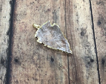 Crystal Arrowhead Pendant Clear 24K Gold Dipped Edge Gemstone Arrow Head Charm Indian Bead Ancient Point Vintage Jewelry Making Supplies 068