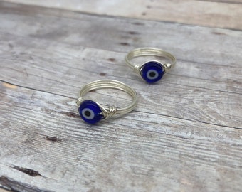 Evil Eye Ring Spiritual Healing Eye All Seeing Eye Ring Silver Wire Wrap Nazar Crystal Hippie Boho Eye Ring Blue Eyes Ring 041