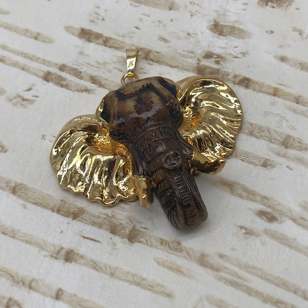 SALE 24K Gold Elephant Head Pendant Gold Dipped Elephant Bull Skull Pendant Jungle Charm Vintage Animal Pendant With Loop Attachment 213