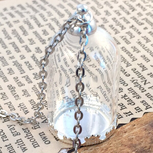 1 ~ Silver Hanging Cloche Dome Necklace Clear Glass Bottle Pendant DIY Silver Base Terrarium Apothecary Jewelry Supplies CHAIN INCLUDED