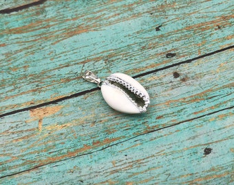 Silver Plated Real Puka Shell Pendant Silver Dipped Trim Sea Shell Puka Charm Pendant Vintage Boho Pendant With Silver Loop Attachment A20