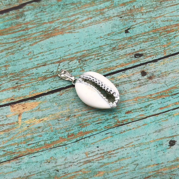 Silver Plated Real Puka Shell Pendant Silver Dipped Trim Sea Shell Puka Charm Pendant Vintage Boho Pendant With Silver Loop Attachment A20