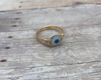 Evil Eye Ring Spiritual Healing Eye All Seeing Eye Ring Silver Wire Wrap Nazar Crystal Hippie Boho Eye Ring White Evil Eye Ring 180