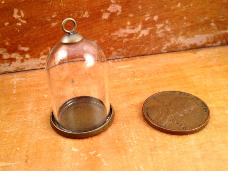 1 Clear Small Dome Cloche Glass Bottle Pendant DIY Antique Bronze Smooth Base and Top Terrarium Bottle Charm Apothecary Jewelry Supplies image 2