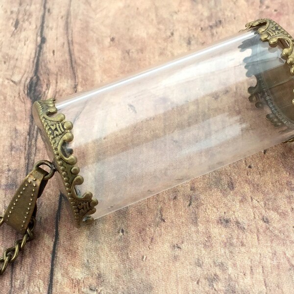 1 ~ Small Cylinder Clear DIY Glass Necklace Tube Kit Pendant DIY Antique Bronze Top Terrarium Bottle Charm Apothecary Jewelry Supplies (A07)