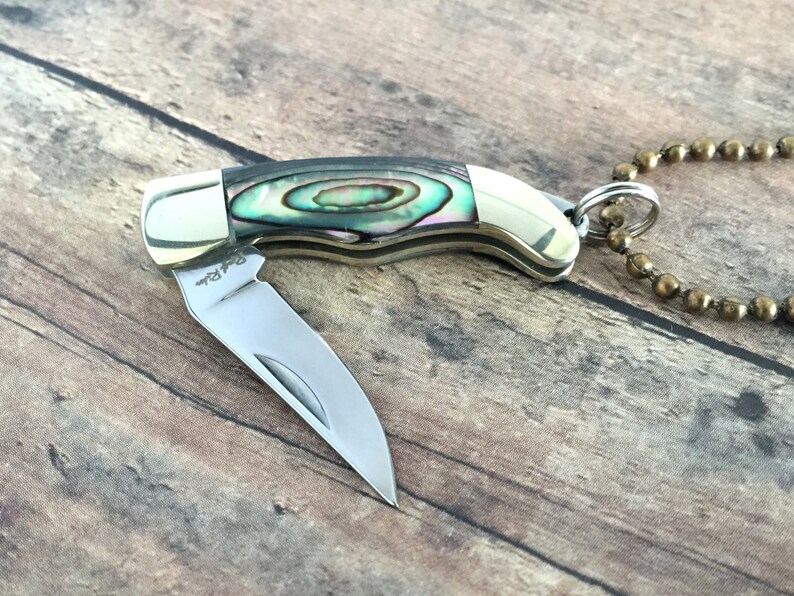 Miniature Pocket Knife Necklace Charm Abalone Handle Knife Etsy