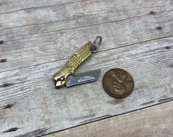 Miniature Brass Eagle Head Pocket Knife Necklace Charm Bronze Handle Blade Knife Pendant Vintage Mini Small Knife With Loop Attachment (A23)