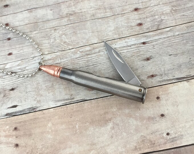 Bullet Knife Pendant Necklace .3006 Silver Rifle Bullet Steel Casing Necklace Knife Charm