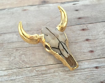 24K Gold Longhorn Skull Pendant Gold Dipped Cattle Bull Skull Pendant Tombstone Charm Vintage Western Pendant With Loop Attachment 131