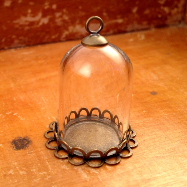 1 ~ Clear Small Dome Cloche Glass Bottle Pendant DIY Antique Bronze Base and Top Terrarium Bottle Charm Apothecary Bottle Jewelry Supplies