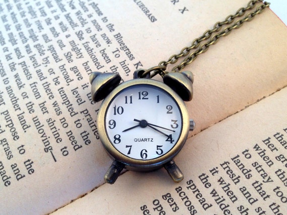 Vintage Style Alarm Clock Pocket Watch Necklace Pendant Antique