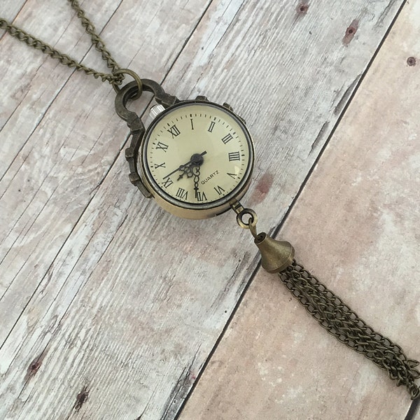 Hanging Orb Glass Bubble Watch Necklace Double Glass Round Brass Pocket Watch Necklace Snitch Pendant Antique Bronze CHAIN INCLUDED 150