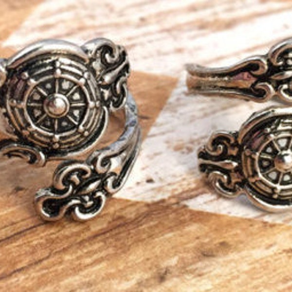 Ship Wheel Adjustable Spoon Ring Vintage Nautical Antique Silver Spoon Wraparound Ring Keepsake Midi Statement Steampunk Ring  (074)